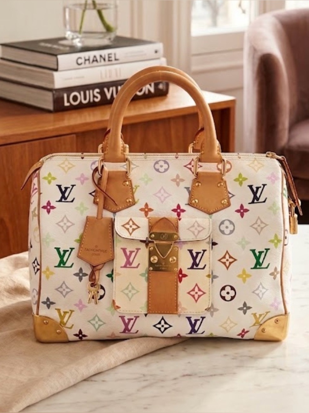 Louis Vuitton White Multicolor Speedy 30 Monogram Satchel with Tan Trim